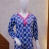 Navy Blue Printed 2-Piece Cotton Suit with Hot Pink Embroidered Neckline