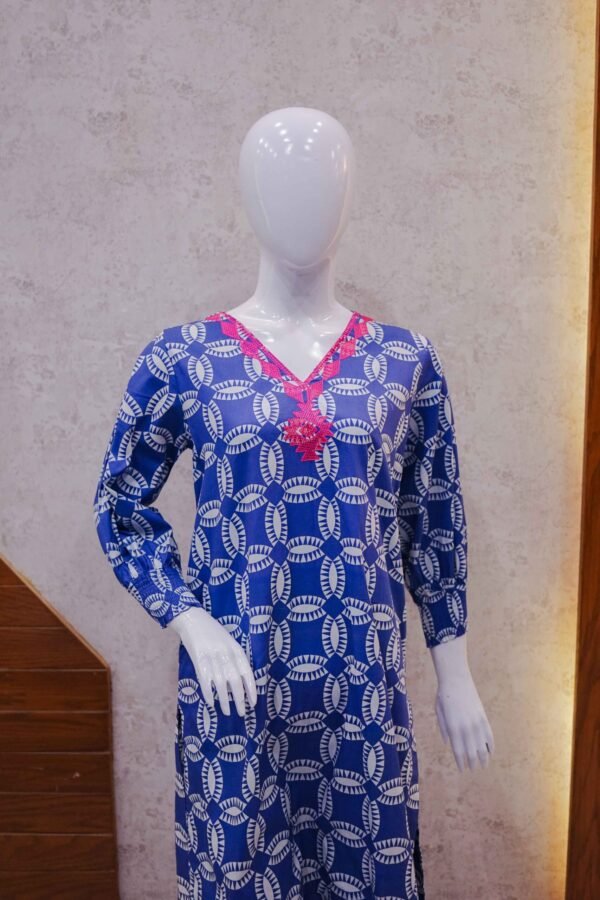 Navy Blue Printed 2-Piece Cotton Suit with Hot Pink Embroidered Neckline