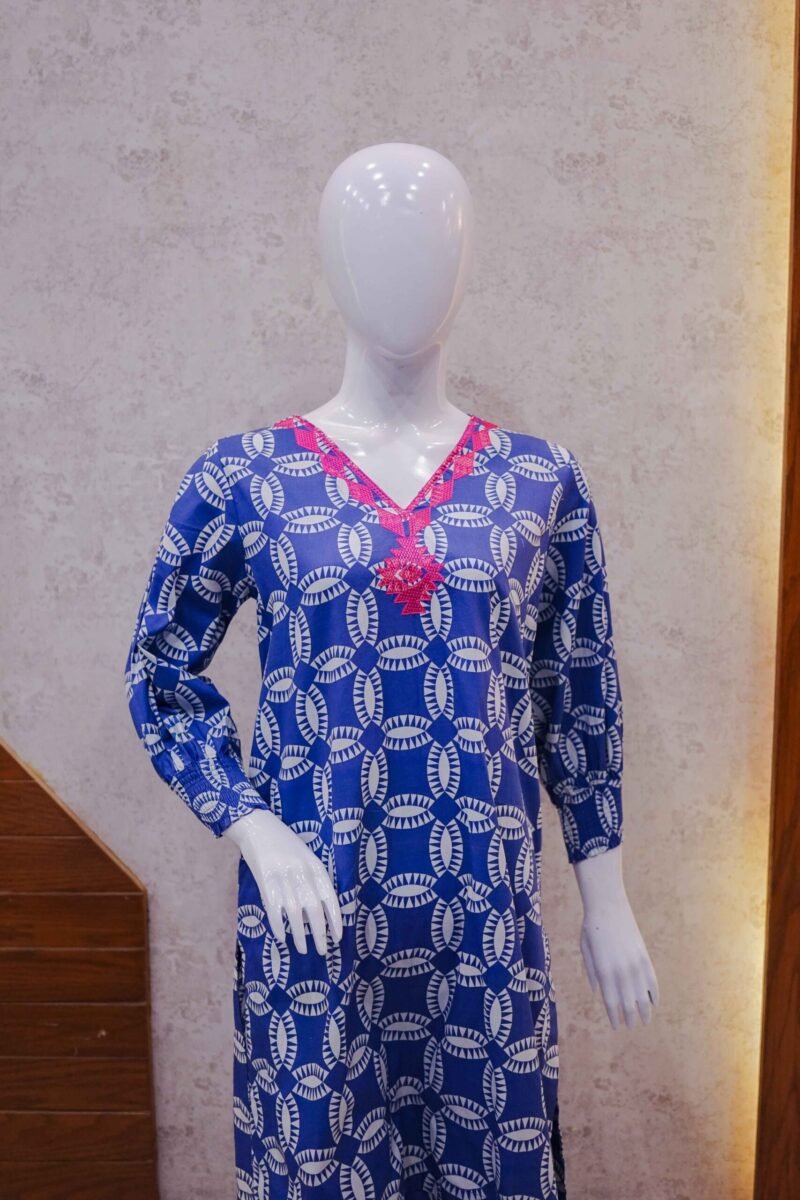 Navy Blue Printed 2-Piece Cotton Suit with Hot Pink Embroidered Neckline