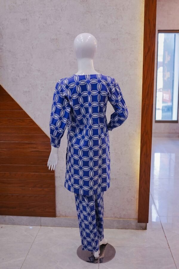Navy Blue Printed 2-Piece Cotton Suit with Hot Pink Embroidered Neckline