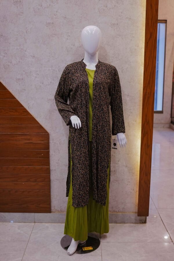 Olive Green 2-Piece Set with Black Multicolor Printed Coat