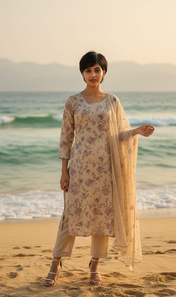 Pastel Beige Floral Embroidered