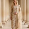 Pastel Beige Floral Embroidered