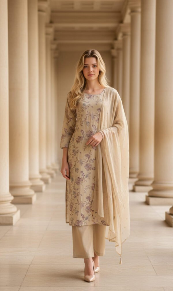 Pastel Beige Floral Embroidered