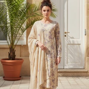 Pastel Beige Floral Embroidered