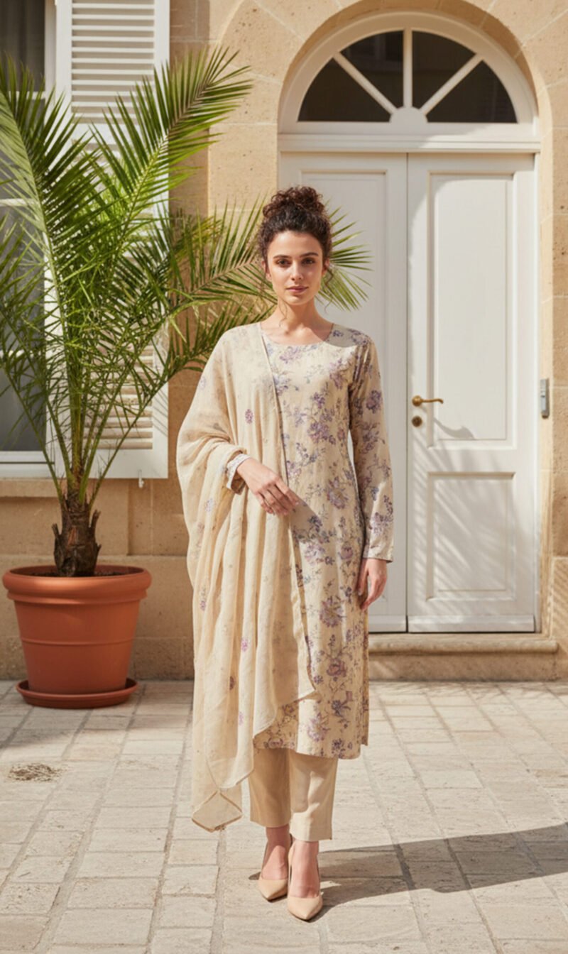 Pastel Beige Floral Embroidered