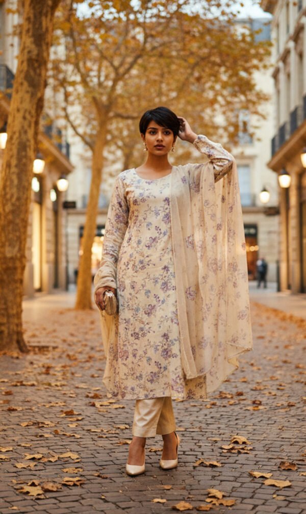 Pastel Beige Floral Embroidered