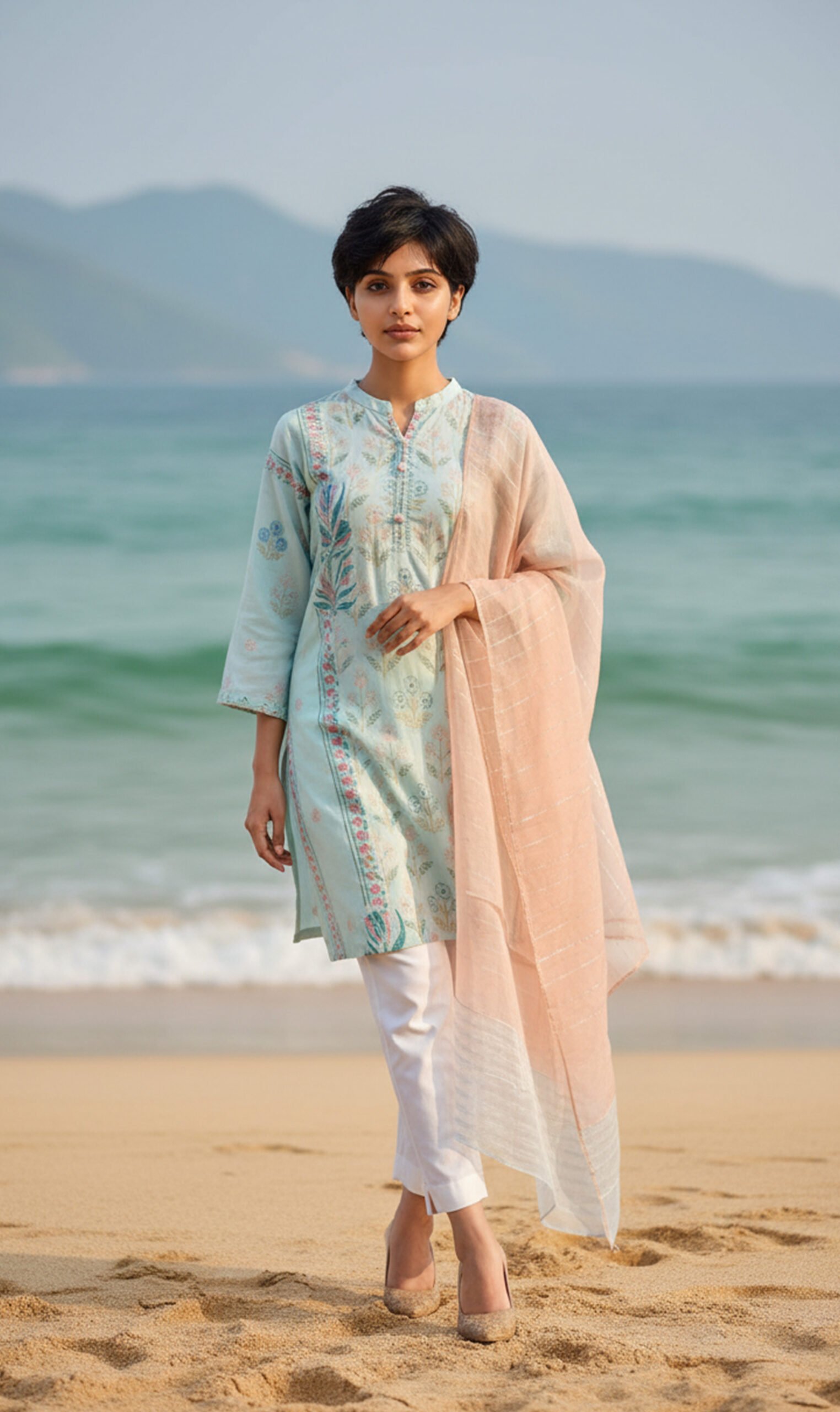 Pastel Mint Embroidered Kurta with Soft Peach Dupatta
