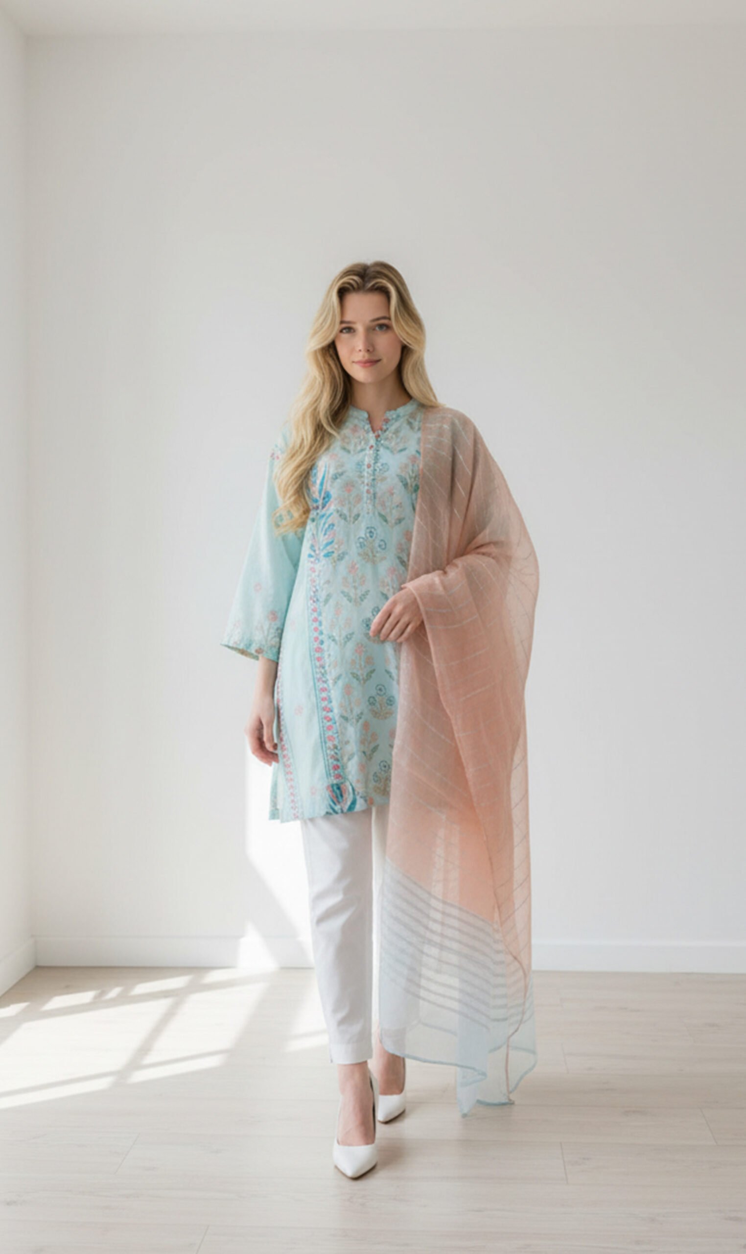 Pastel Mint Embroidered Kurta with Soft Peach Dupatta