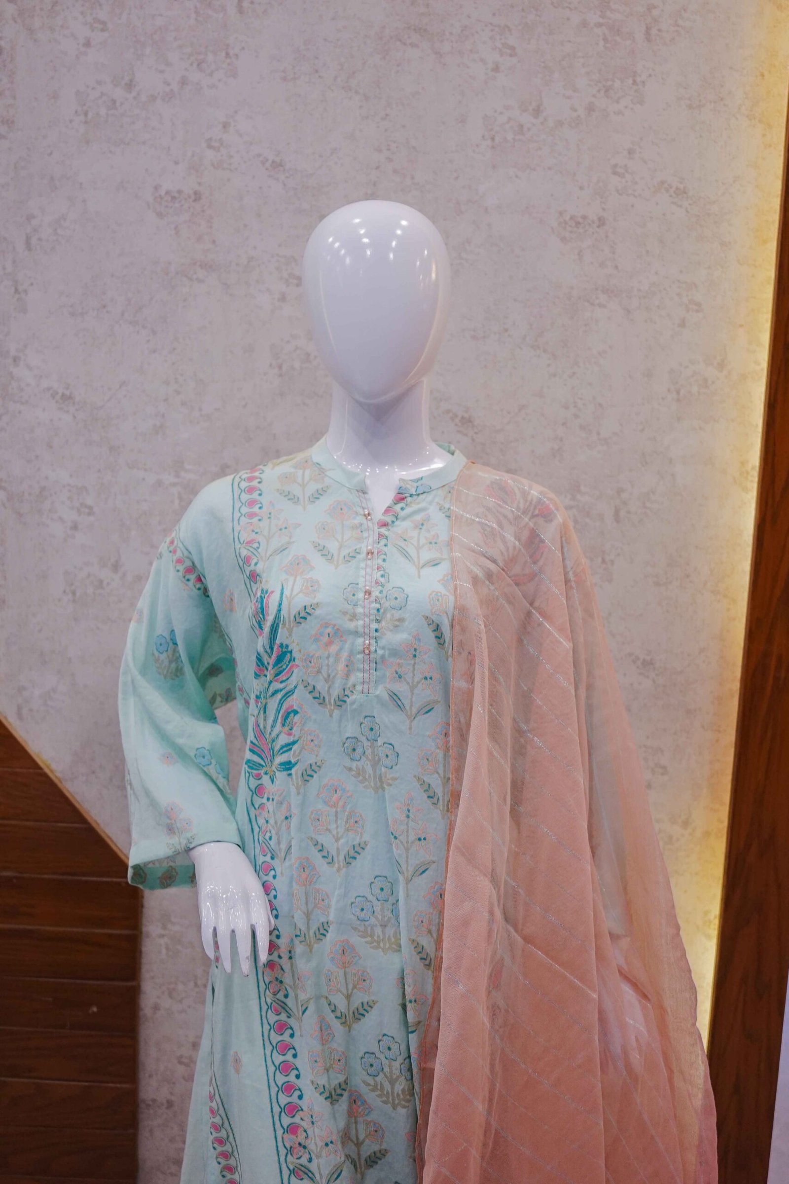Pastel Mint Embroidered Kurta with Soft Peach Dupatta