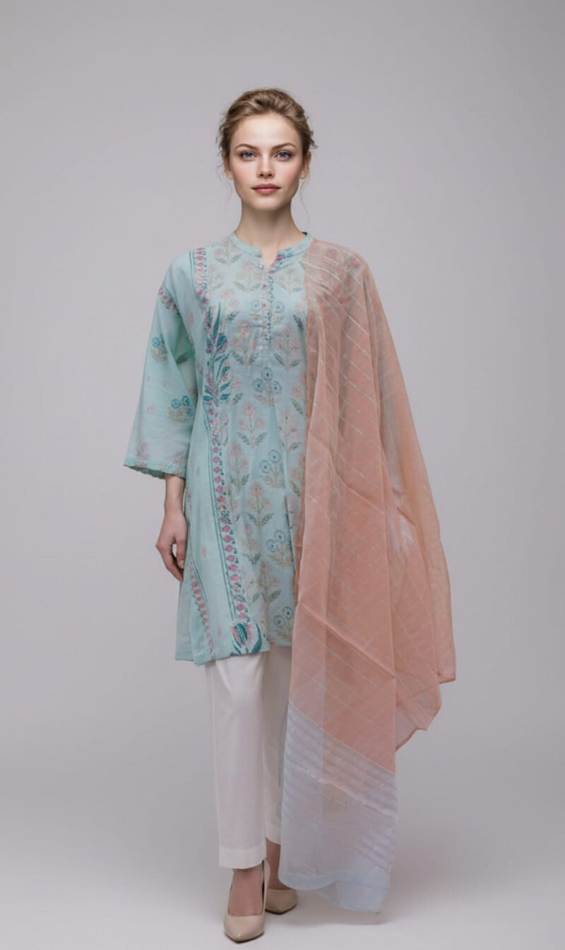 Pastel Mint Embroidered Kurta with Soft Peach Dupatta
