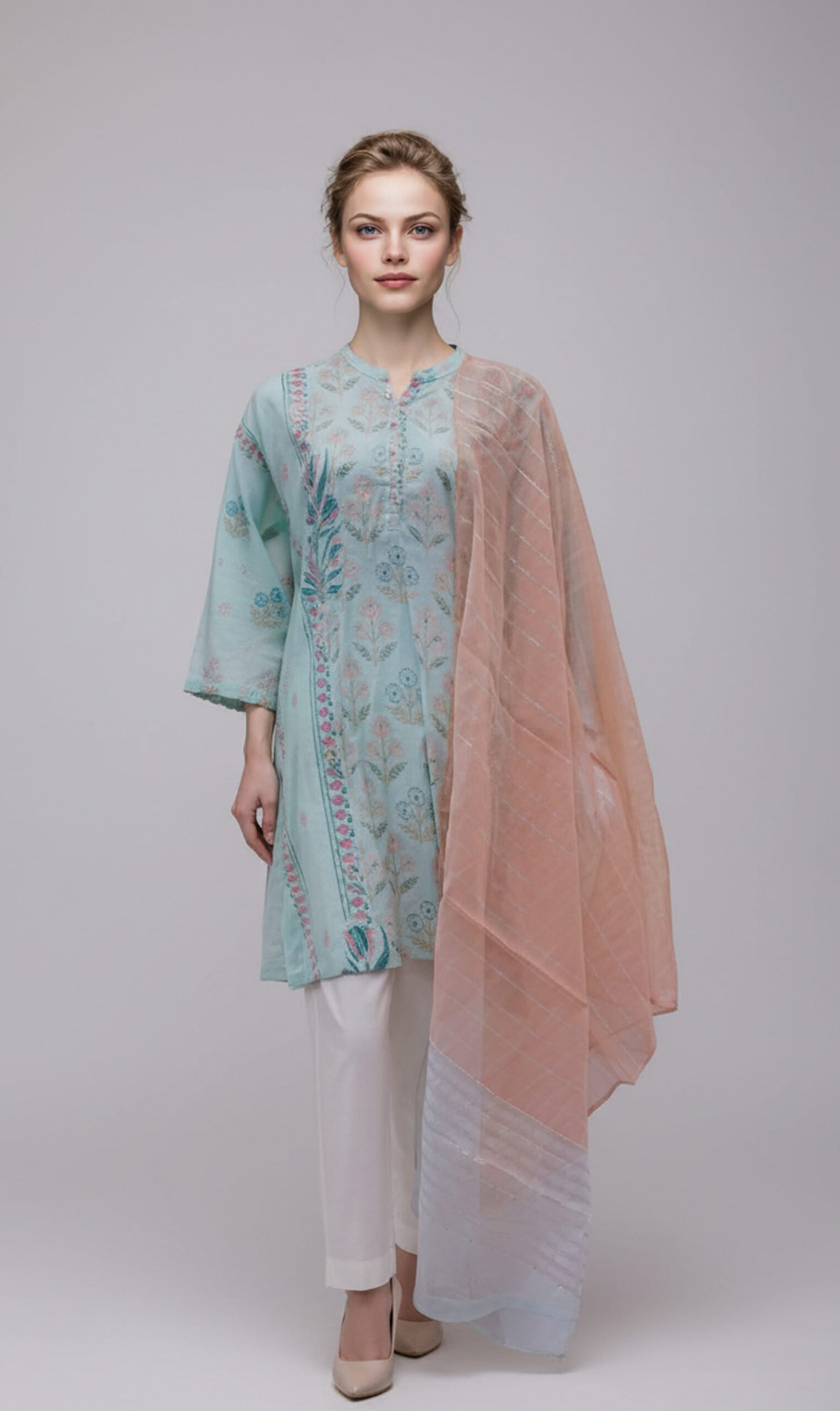 Pastel Mint Embroidered Kurta with Soft Peach Dupatta