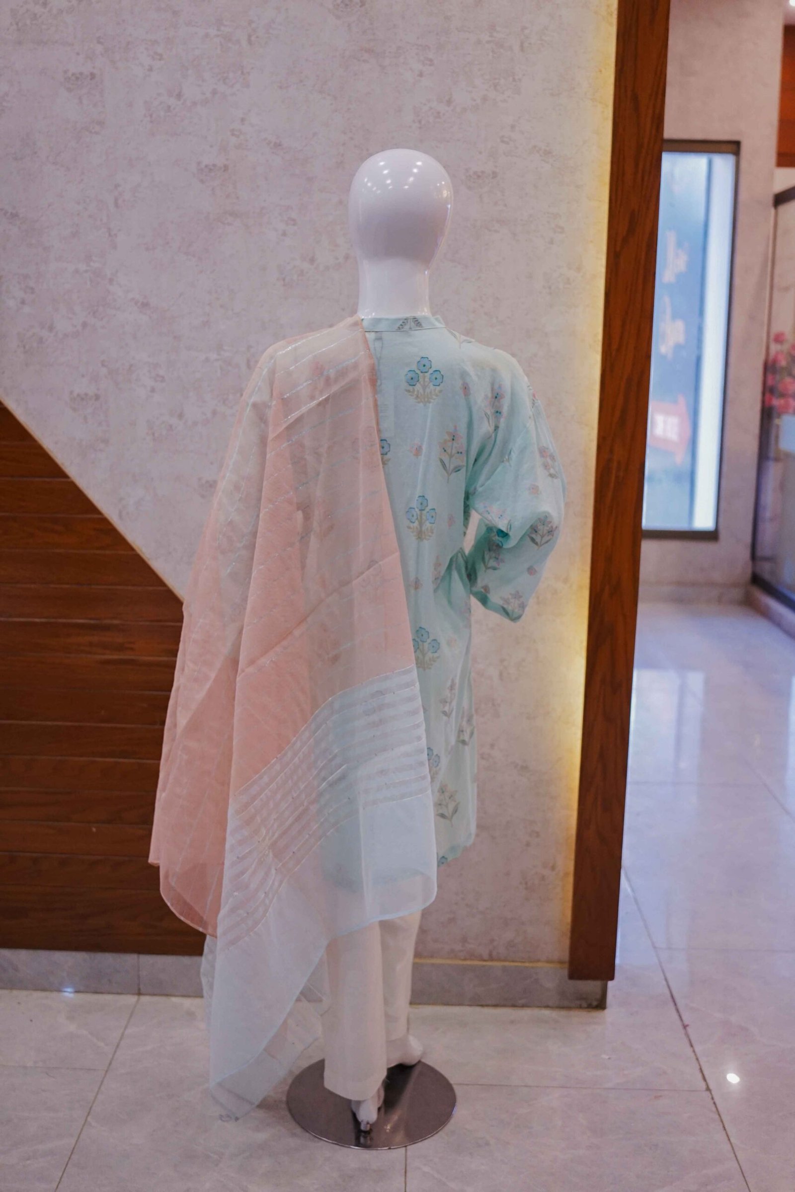 Pastel Mint Embroidered Kurta with Soft Peach Dupatta