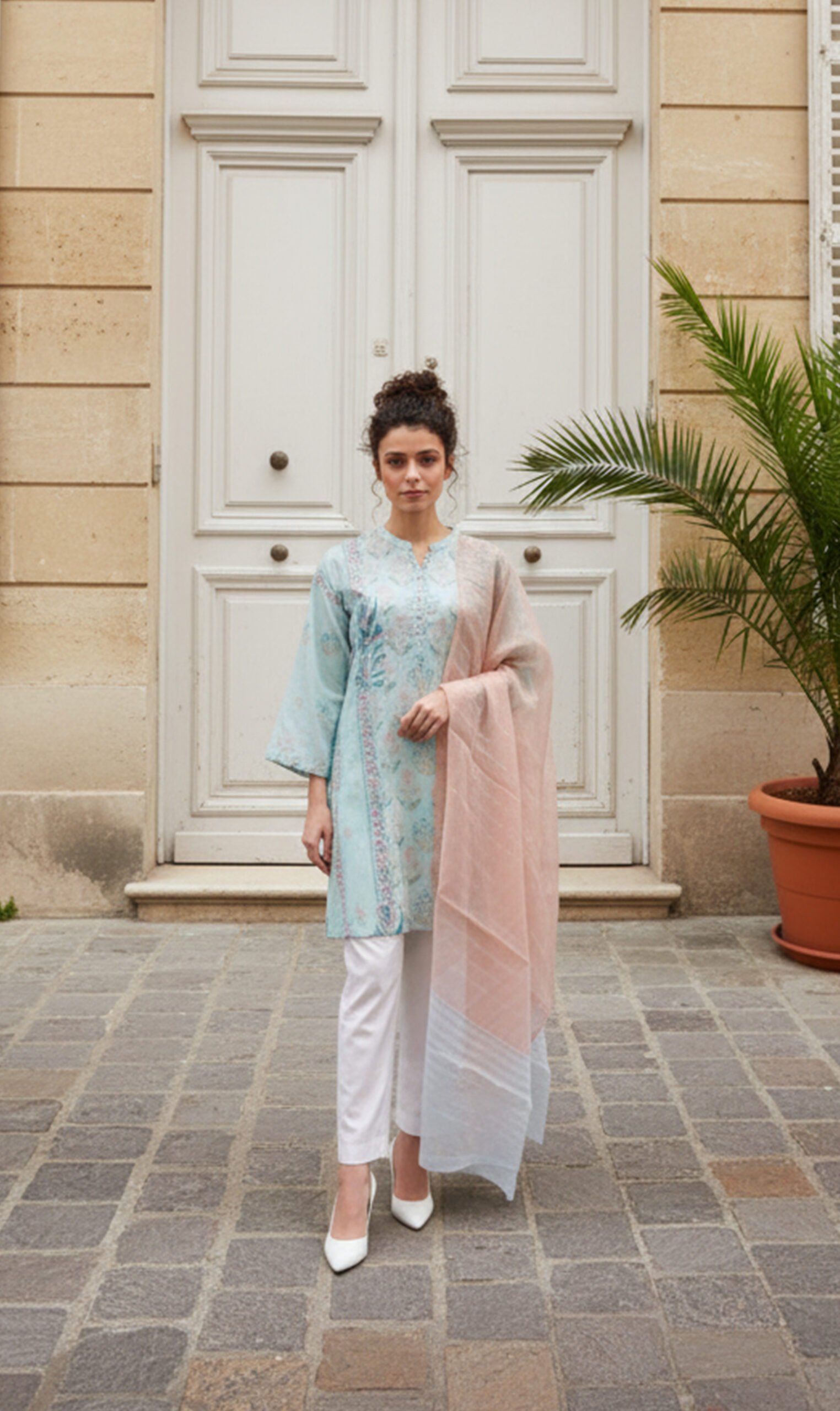 Pastel Mint Embroidered Kurta with Soft Peach Dupatta