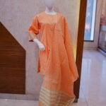 Peach Embroidered Kurta with Gold Striped Dupatta