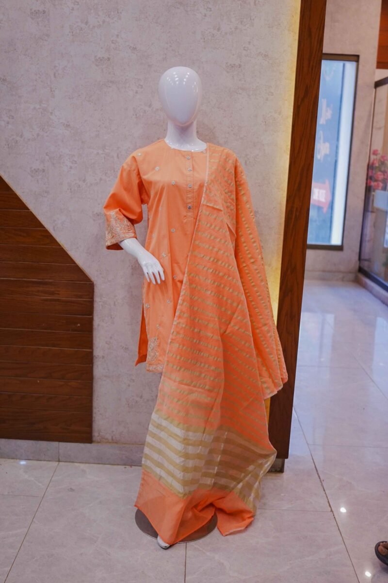 Peach Embroidered Kurta with Gold Striped Dupatta