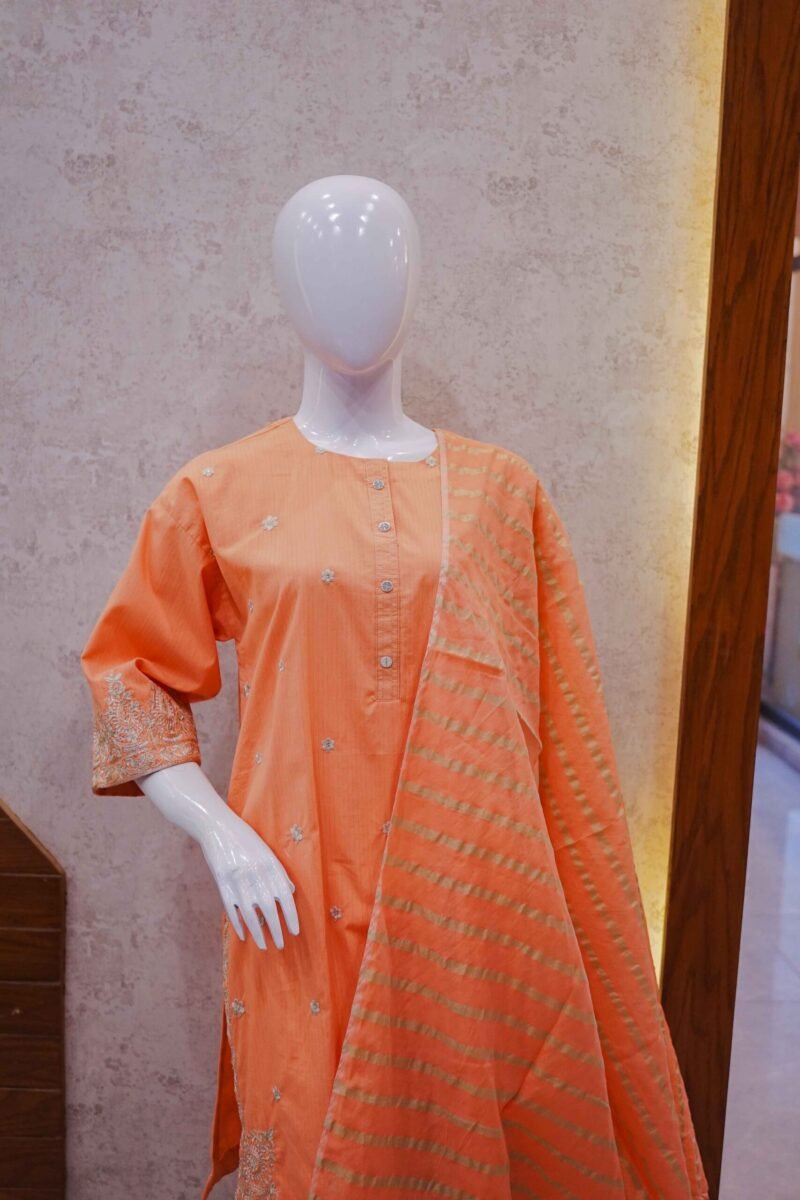 Peach Embroidered Kurta with Gold Striped Dupatta