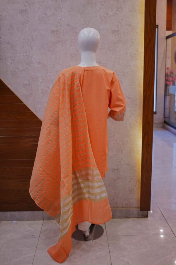 Peach Embroidered Kurta with Gold Striped Dupatta
