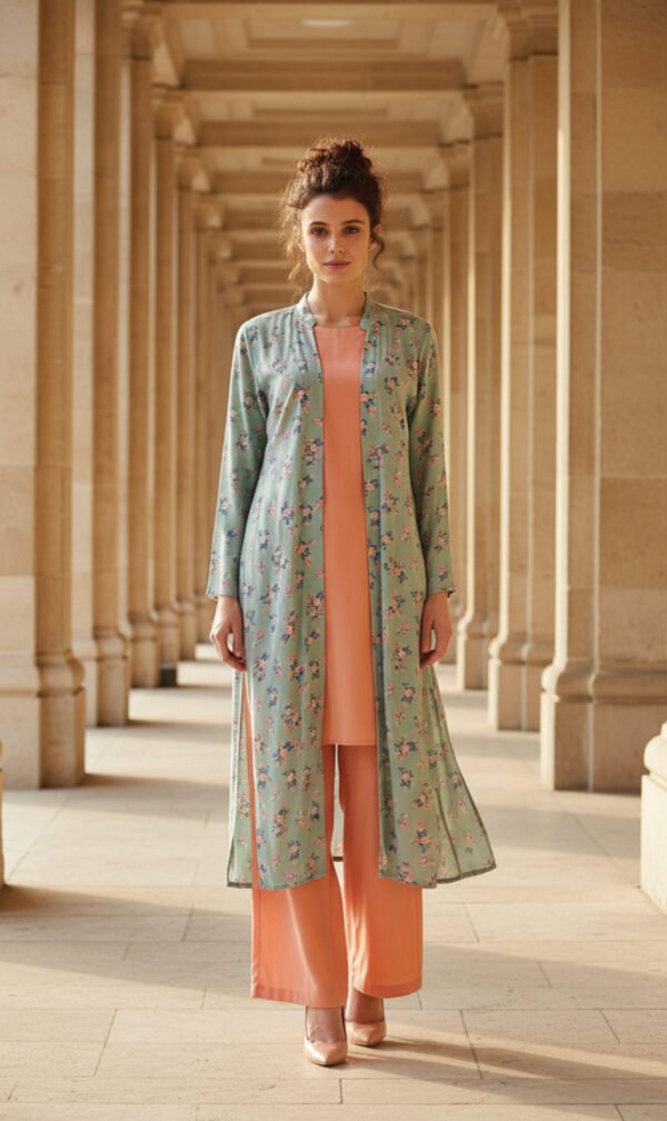 Peach Two-Piece Set with Mint Green Floral Coat