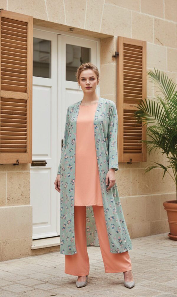 Peach Two-Piece Set with Mint Green Floral Coat
