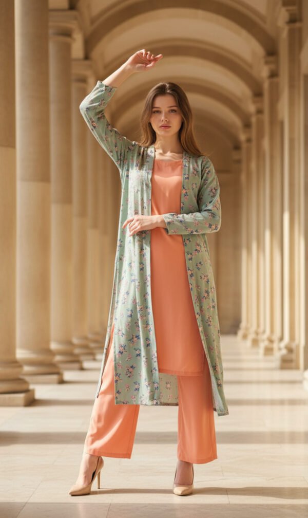 Peach Two-Piece Set with Mint Green Floral Coat