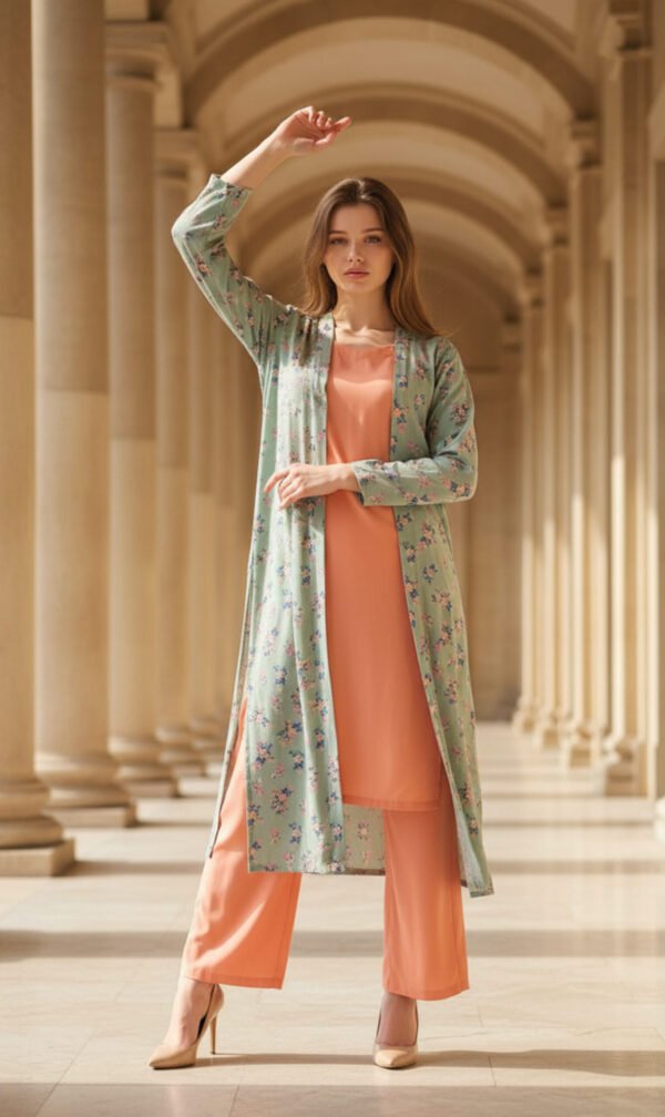 Peach Two-Piece Set with Mint Green Floral Coat