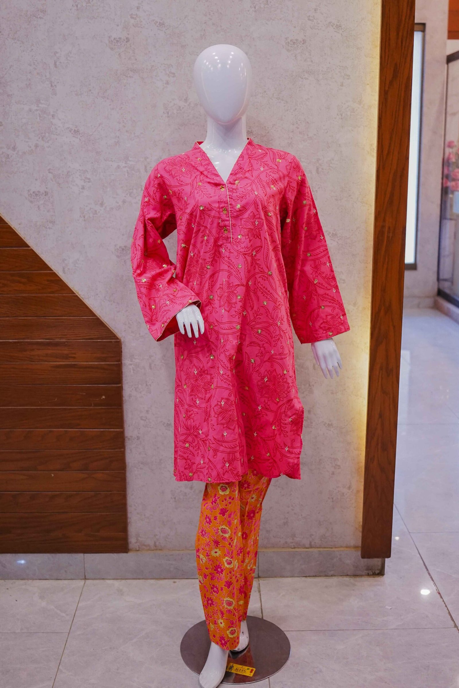 Pink Bloom Kurti with Mustard Floral Trousers – Desi Pop Vibe