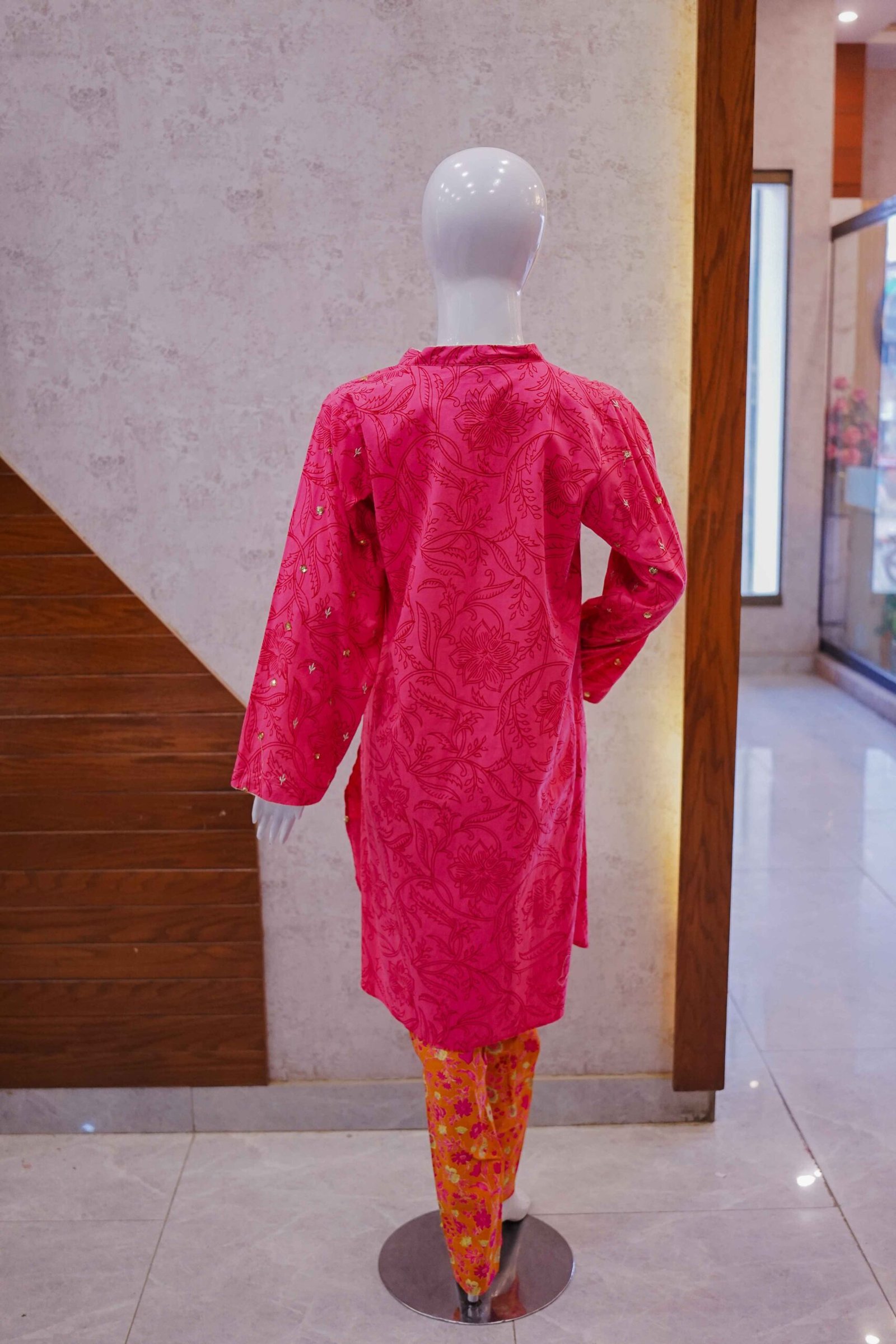 Pink Bloom Kurti with Mustard Floral Trousers – Desi Pop Vibe
