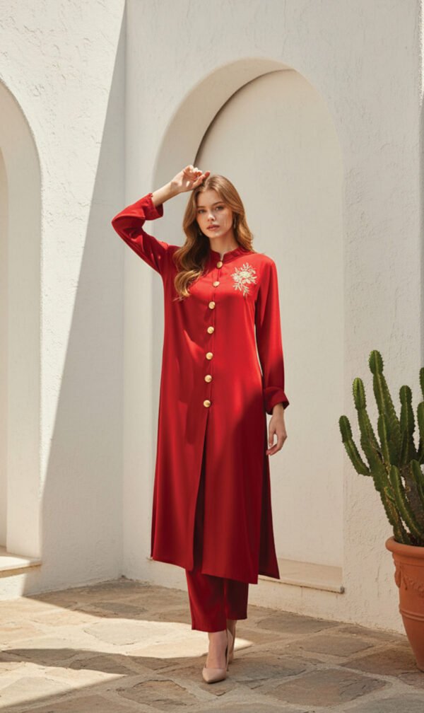 Red Front-Open Co-Ord with Gold Button Detailing
