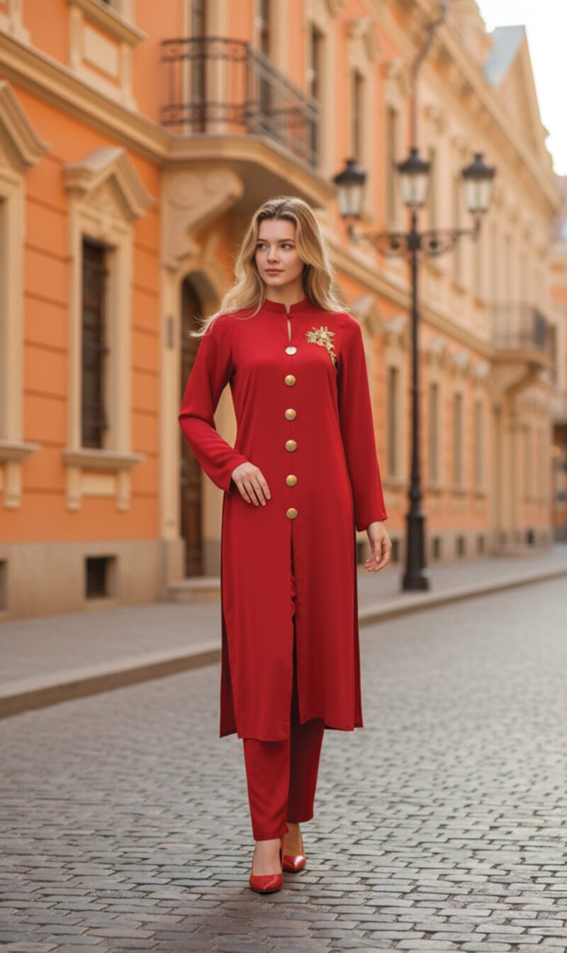 Red Front-Open Co-Ord with Gold Button Detailing