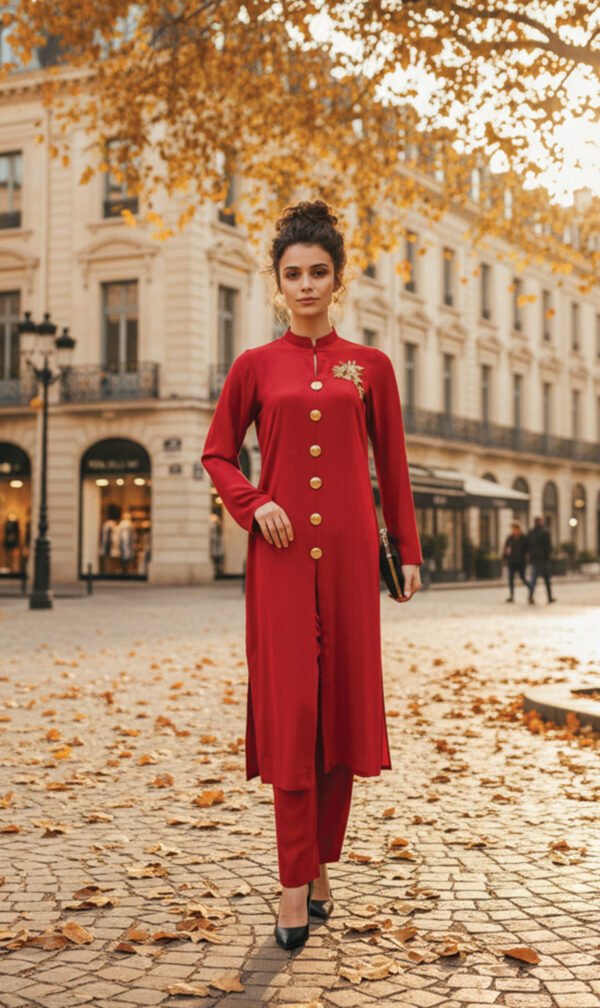 Red Front-Open Co-Ord with Gold Button Detailing