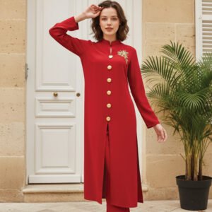 Red Front-Open Co-Ord with Gold Button Detailing