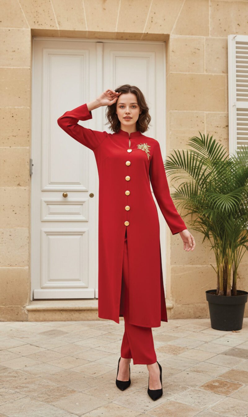 Red Front-Open Co-Ord with Gold Button Detailing