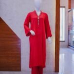 Red V-Neck Co-Ord with Beaded Neckline