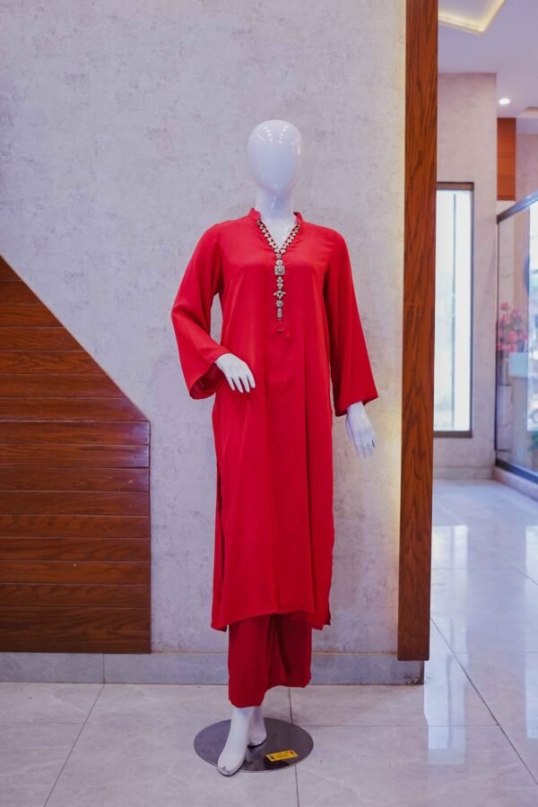 Red V-Neck Co-Ord with Beaded Neckline