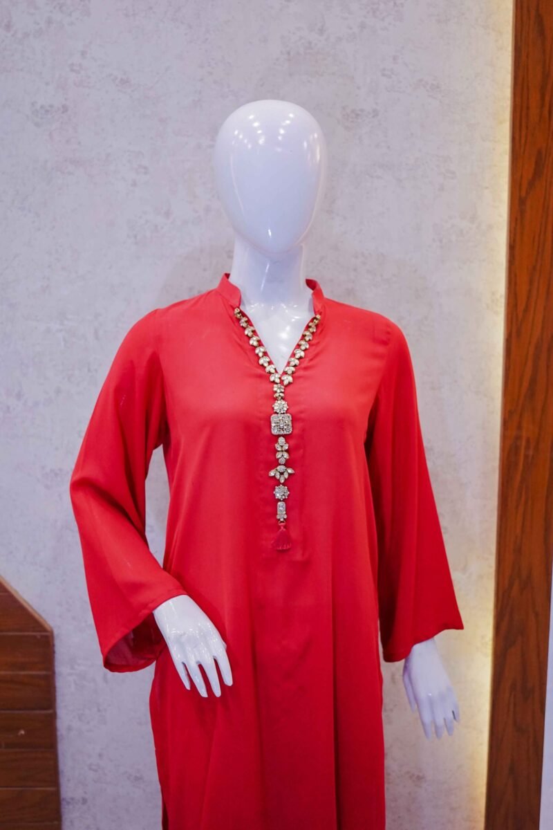Red V-Neck Co-Ord with Beaded Neckline
