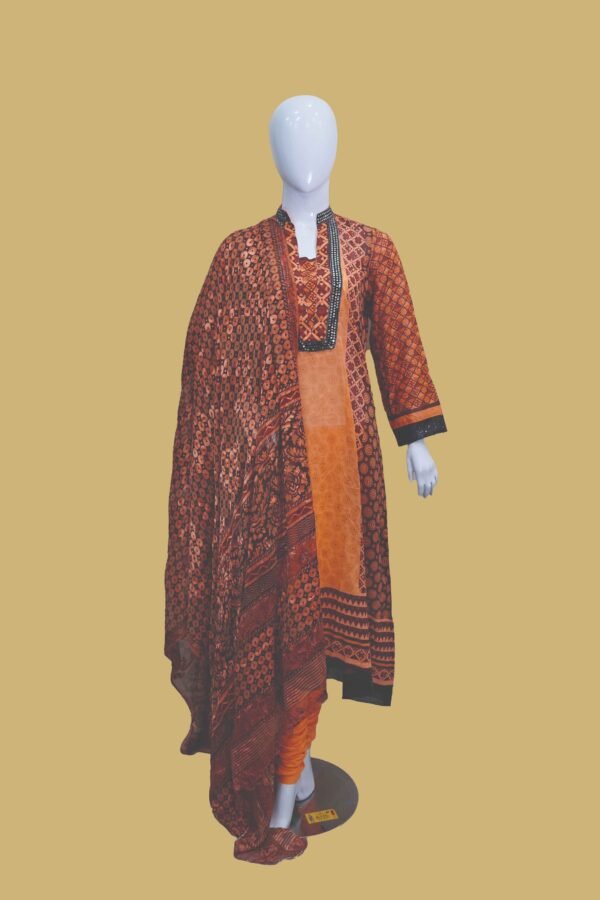 Rust & Orange Ajrak Inspired Cotton Kurti Set