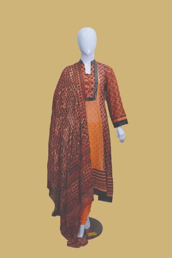Rust & Orange Ajrak Inspired Cotton Kurti Set