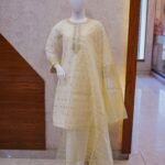 Soft Lemon Gold Embroidered Suit with Organza Dupatta