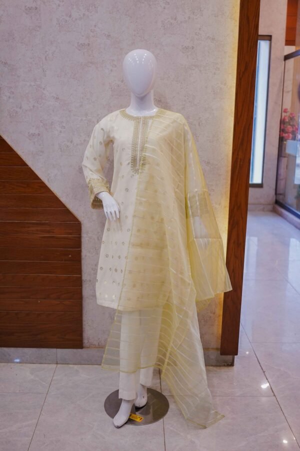 Soft Lemon Gold Embroidered Suit with Organza Dupatta