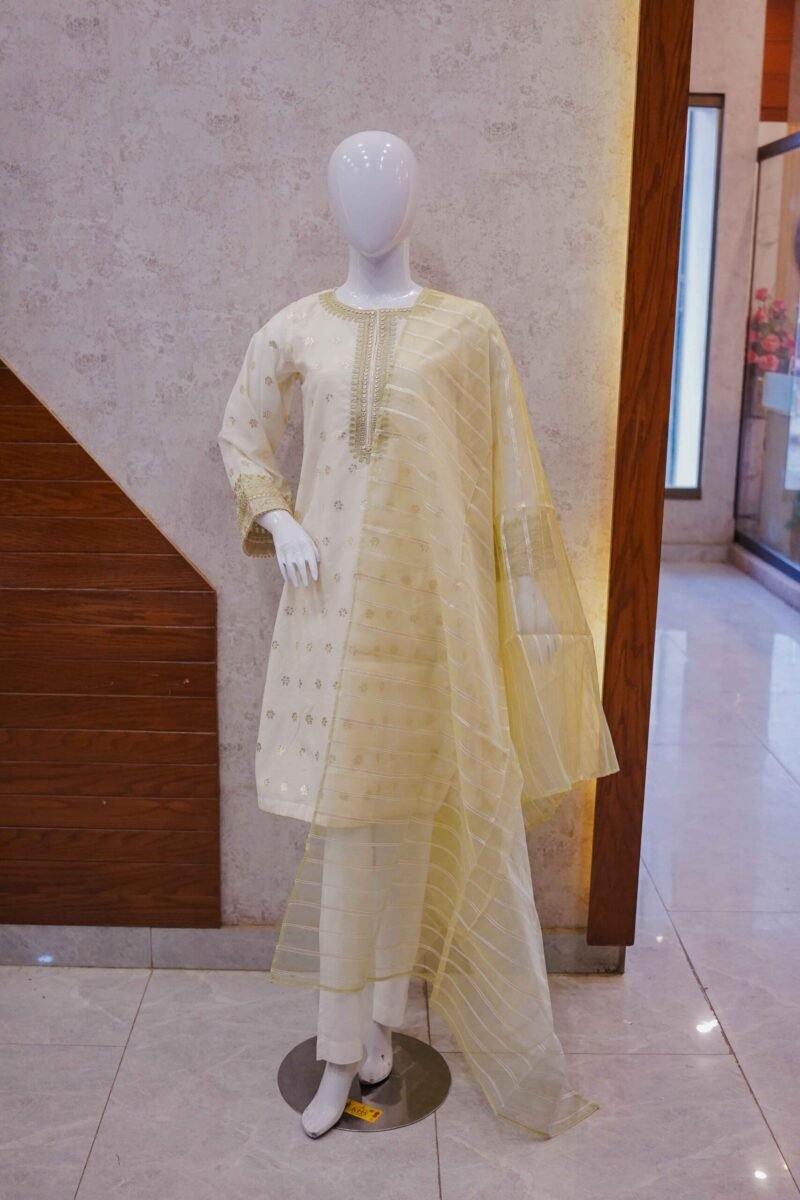 Soft Lemon Gold Embroidered Suit with Organza Dupatta