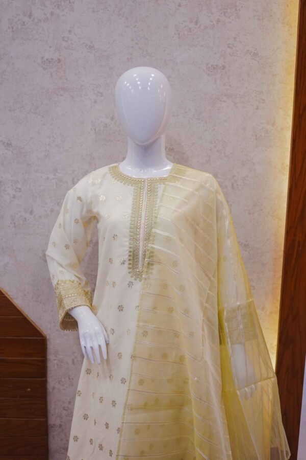 Soft Lemon Gold Embroidered Suit with Organza Dupatta
