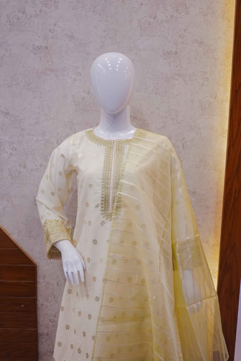 Soft Lemon Gold Embroidered Suit with Organza Dupatta