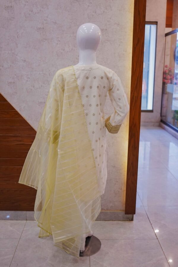 Soft Lemon Gold Embroidered Suit with Organza Dupatta
