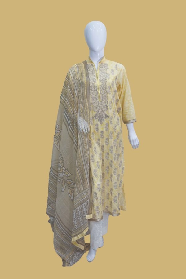 Soft Yellow Printed Lawn Suit with Beige Dupatta