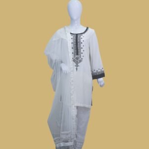 White & Black Embroidered Cotton Suit with Net Dupatta