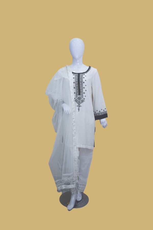 White & Black Embroidered Cotton Suit with Net Dupatta
