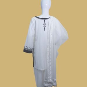 White & Black Embroidered Cotton Suit with Net Dupatta