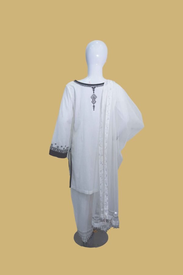 White & Black Embroidered Cotton Suit with Net Dupatta