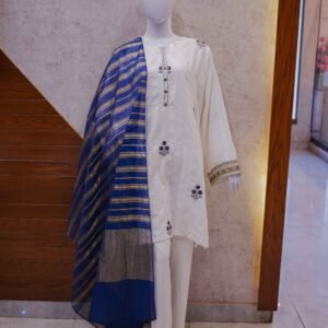 White Embroidered Suit with Royal Blue Gold-Lined Dupatta